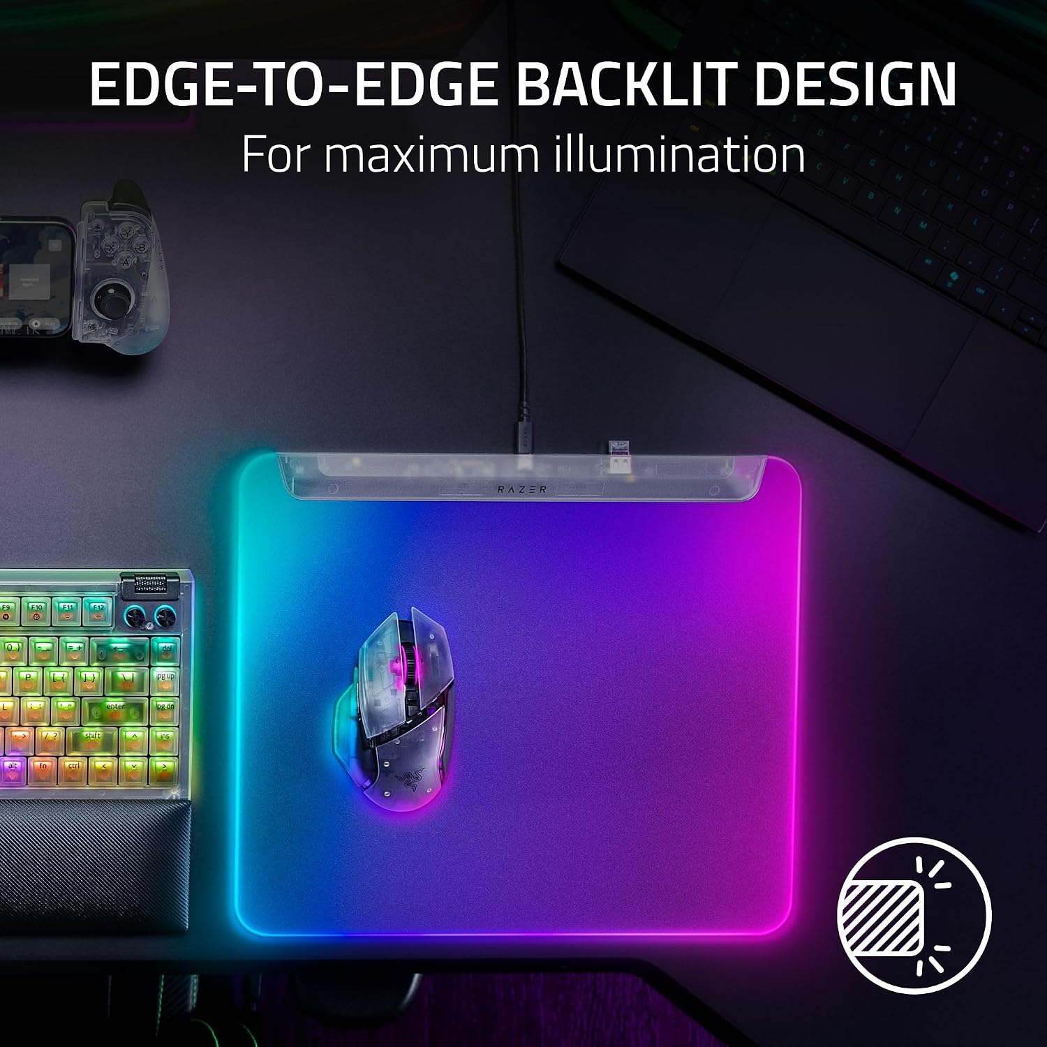 Razer Firefly V2 Pro Fully Illuminated RGB Gaming Mouse Mat: Backlit Design - 15 Zone Chroma Lighting - USB 2.0 Port - Detachable USB Type C Cable - Micro Textured Surface - Anti Slip Base