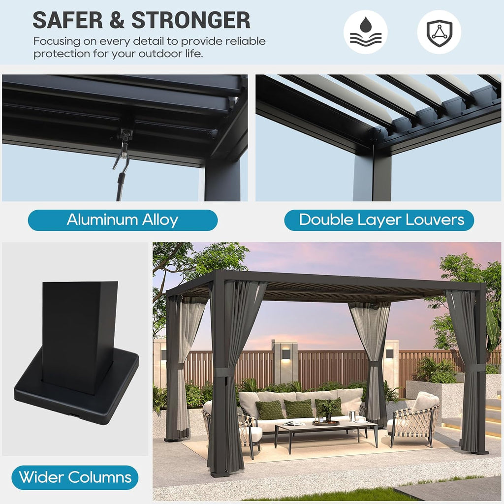 LVUYOYO Louvered Pergola 10' x 12', Outdoor Pergola with Adjustable Roof, Patio Aluminum Frame Metal Gazebo with Curtains and Netting for Patio, Backyard, Garden, Deck (Black)
