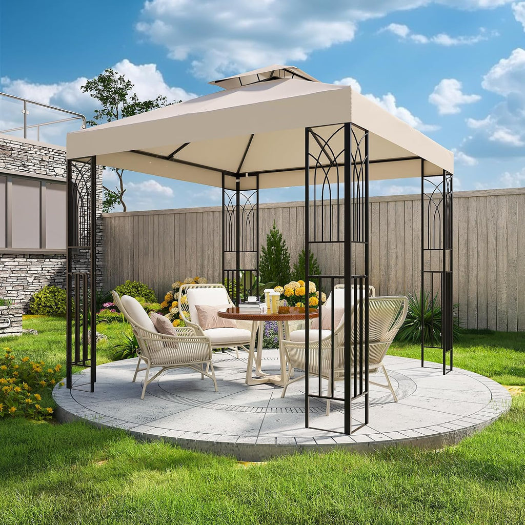 COOS BAY 8x8 Patio Gazebo with Corner Shelves, Two Tier Soft Top Canopy with UV Protection for Backyard, Garden, Lawn, Outdoor Events, Beige