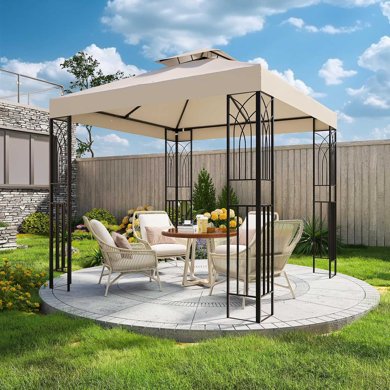 COOS BAY 8x8 Patio Gazebo with Corner Shelves, Two Tier Soft Top Canopy with UV Protection for Backyard, Garden, Lawn, Outdoor Events, Beige