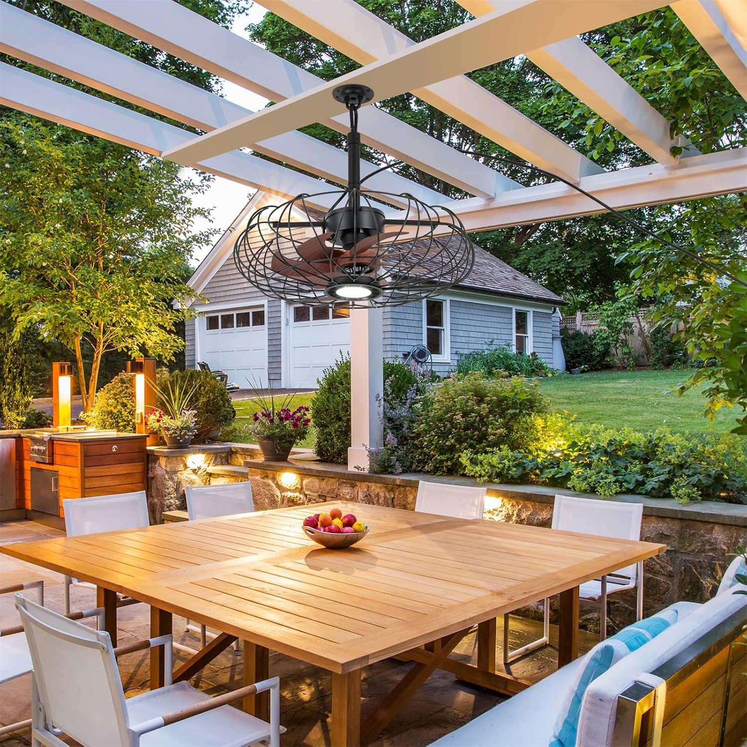 20'' Outdoor Gazebo Fan with Lights, IP64 Waterproof Caged Ceiling Fan with Remote and Hanging Hook, 3CCT Dimmable 6-Speed Reversible Motor, Outside Plug in Ceiling Fans for Patio Porch Canopy, Black