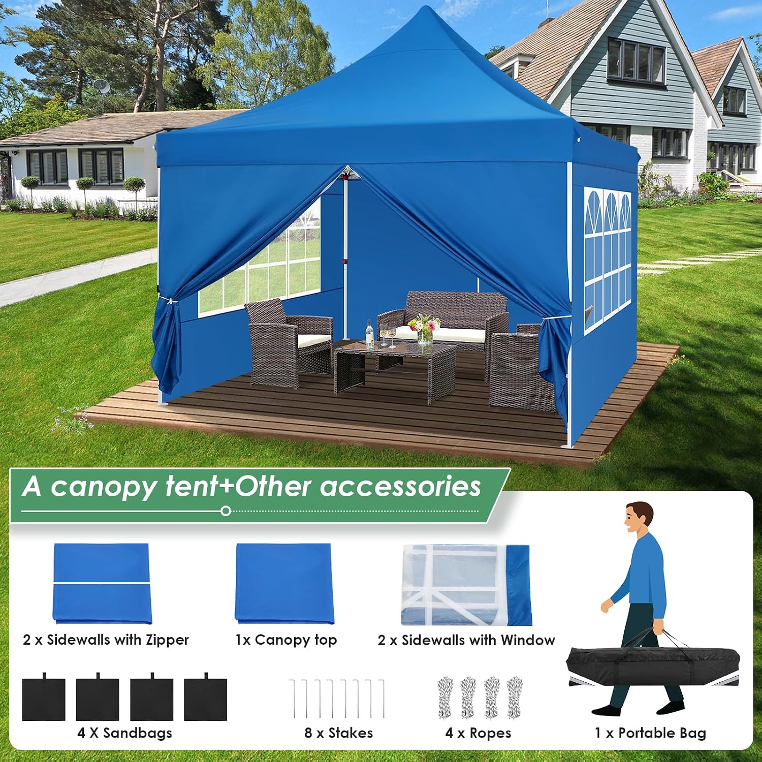 COBIZI Canopy 10x10 Pop Up Canopy Tent with Sidewalls, Commercial Party Tent Ez Waterproof Outdoor Instant Gazebo UV 50+ Event Shelter, Garden Tents for Parties Camping with Sandbags,Blue
