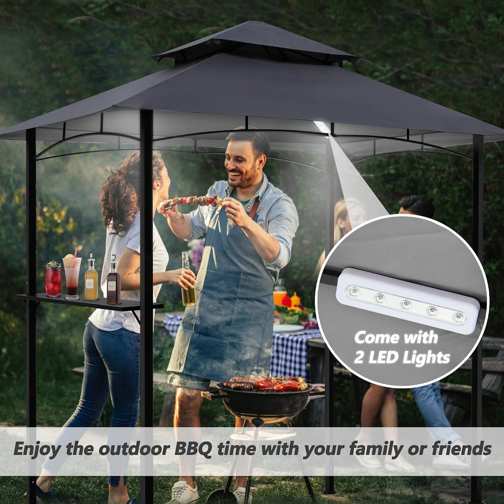 8'x 5' Grill Gazebo Canopy, Outdoor BBQ Gazebo with Led Light, Barbeque Gazebo Shelter for Patio (Grey)