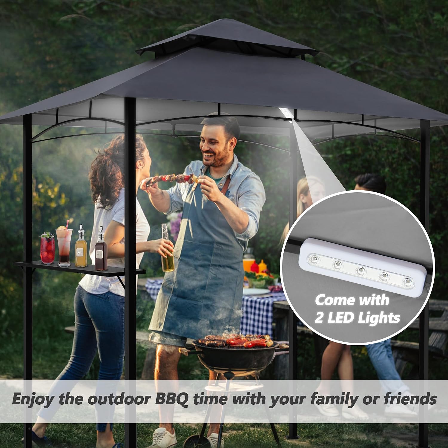 8'x 5' Grill Gazebo Canopy, Outdoor BBQ Gazebo with Led Light, Barbeque Gazebo Shelter for Patio (Grey)