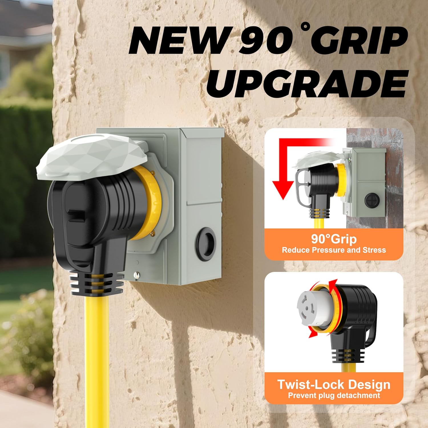 50 Amp 50FT Generator Cord and Power Inlet Box Combo Kit NEMA 14-50P Male to SS2-50R STW 6/3+8/1 AWG 125/250V Newly Designed 90 Degree Grip Handle for Generator to House