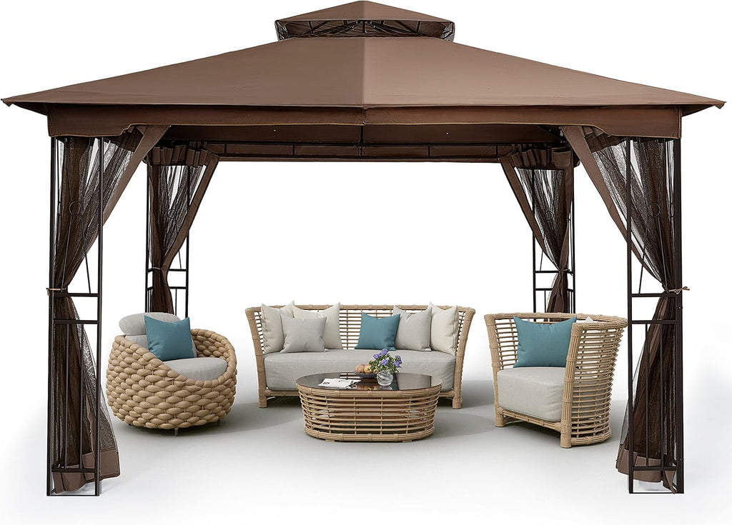 HAPPATIO 10' X 12' Outdoor Patio Gazebo, Outdoor Canopy Gazebo for Garden,Yard,Patio with Ventilation Double Roof with Mosquito Netting,Dark Brown