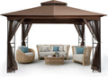 HAPPATIO 10' X 12' Outdoor Patio Gazebo, Outdoor Canopy Gazebo for Garden,Yard,Patio with Ventilation Double Roof with Mosquito Netting,Dark Brown