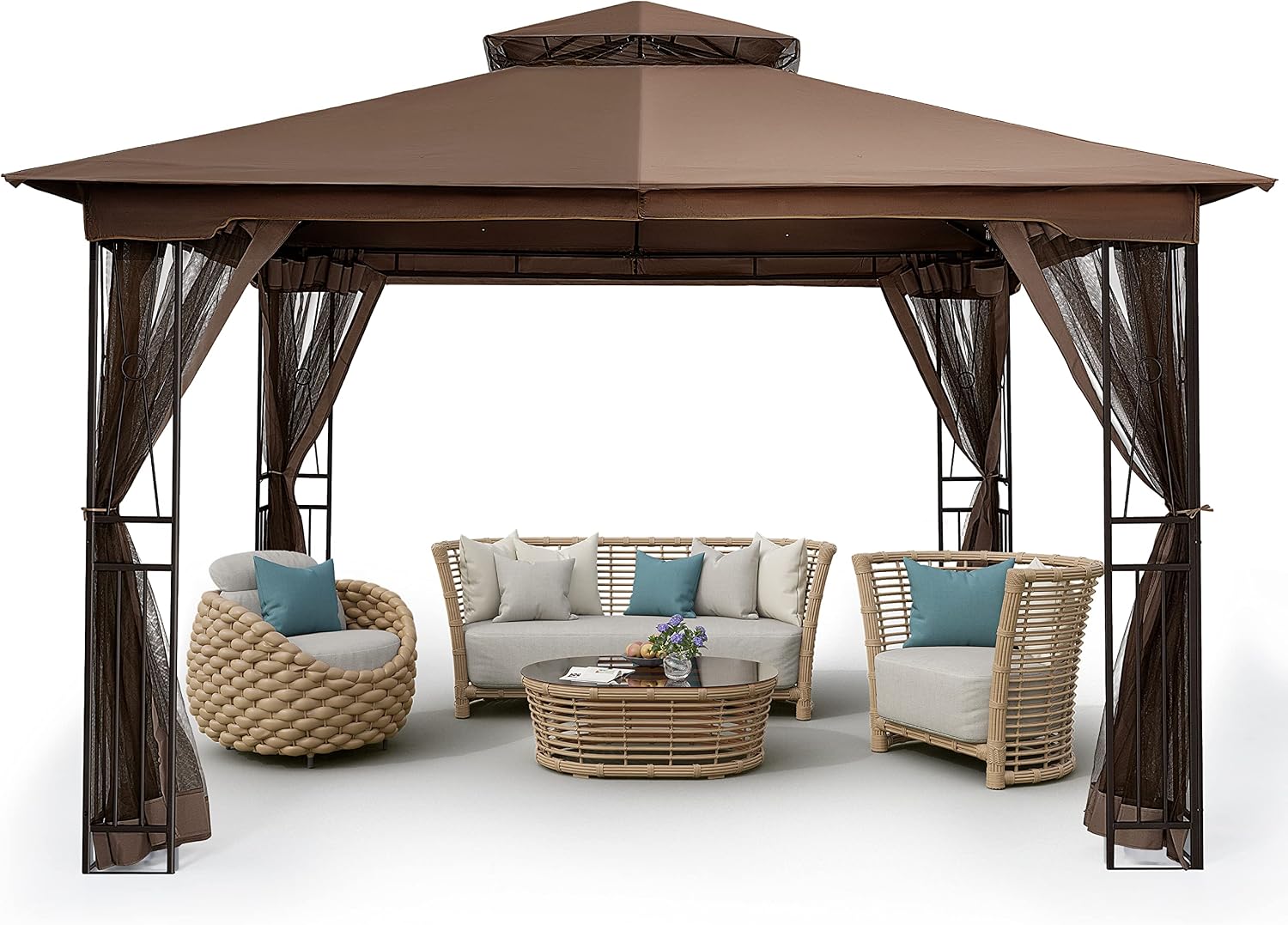 HAPPATIO 10' X 12' Outdoor Patio Gazebo, Outdoor Canopy Gazebo for Garden,Yard,Patio with Ventilation Double Roof with Mosquito Netting,Dark Brown
