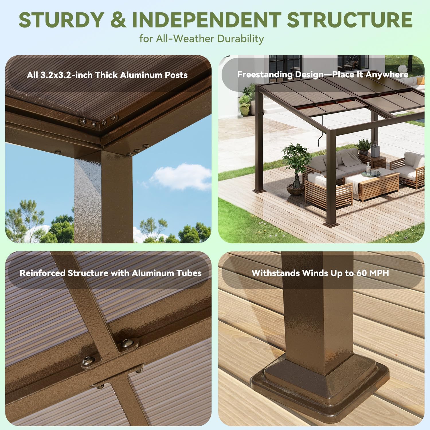 Gazebo 10'x13' with Adjustable Polycarbonate Roofs, All Aluminum Frame Permanent Pergola for Patio, Outdoor Freestanding Shelter, Dark Brown