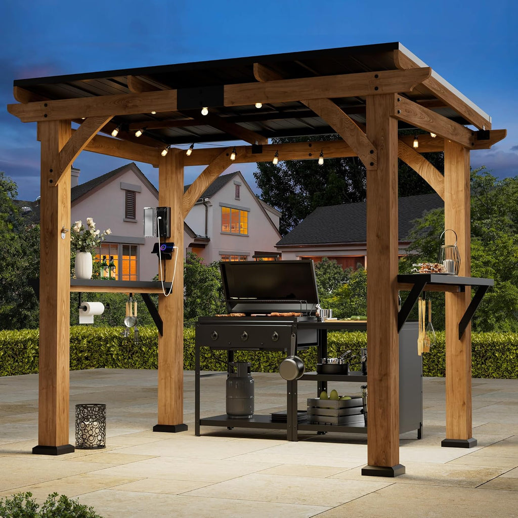 Big Leaf 6' x 8' Grill Gazebo with Cedar Wood Frame – Galvanized Steel Roof, USB & USB-C Charging Ports, Side Shelves, Paper Towel Holder, and Rotatable Hooks – Ideal BBQ Gazebo for Patio and Backyard