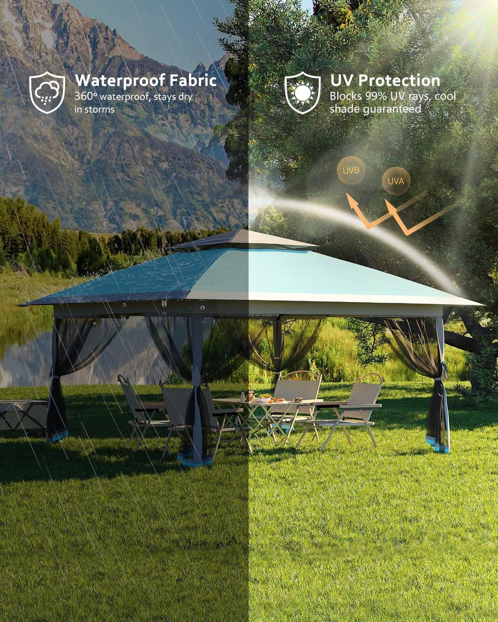Garveelife Pop Up Gazebo 12x12, Canopy Tent with Mosquito Netting, One Push Setup for Backyard Patio Garden with 4 Sand Bags- Blue