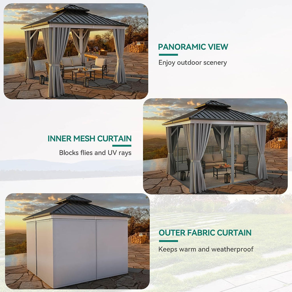 YITAHOME White Gazebo 10x10ft Hardtop Double Roof Canopy Galvanized Iron Aluminum Frame Outdoor Gazebo with Netting and Shaded Curtains Garden Tent for Patio, Backyard, Deck and Lawns, Grey Curtain