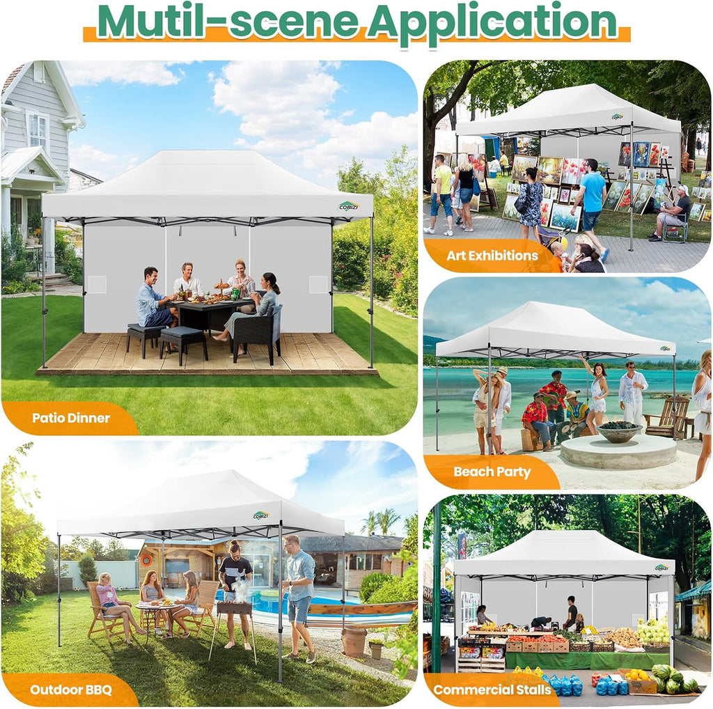 COBIZI 10x15 Pop up Canopy Gazebo 3.0, Easy up Heavy Duty Canopy with 4 Removable Sidewalls, High Stability, All Weather Sunshade 100% Waterproof Outdoor Canopy Tents, White