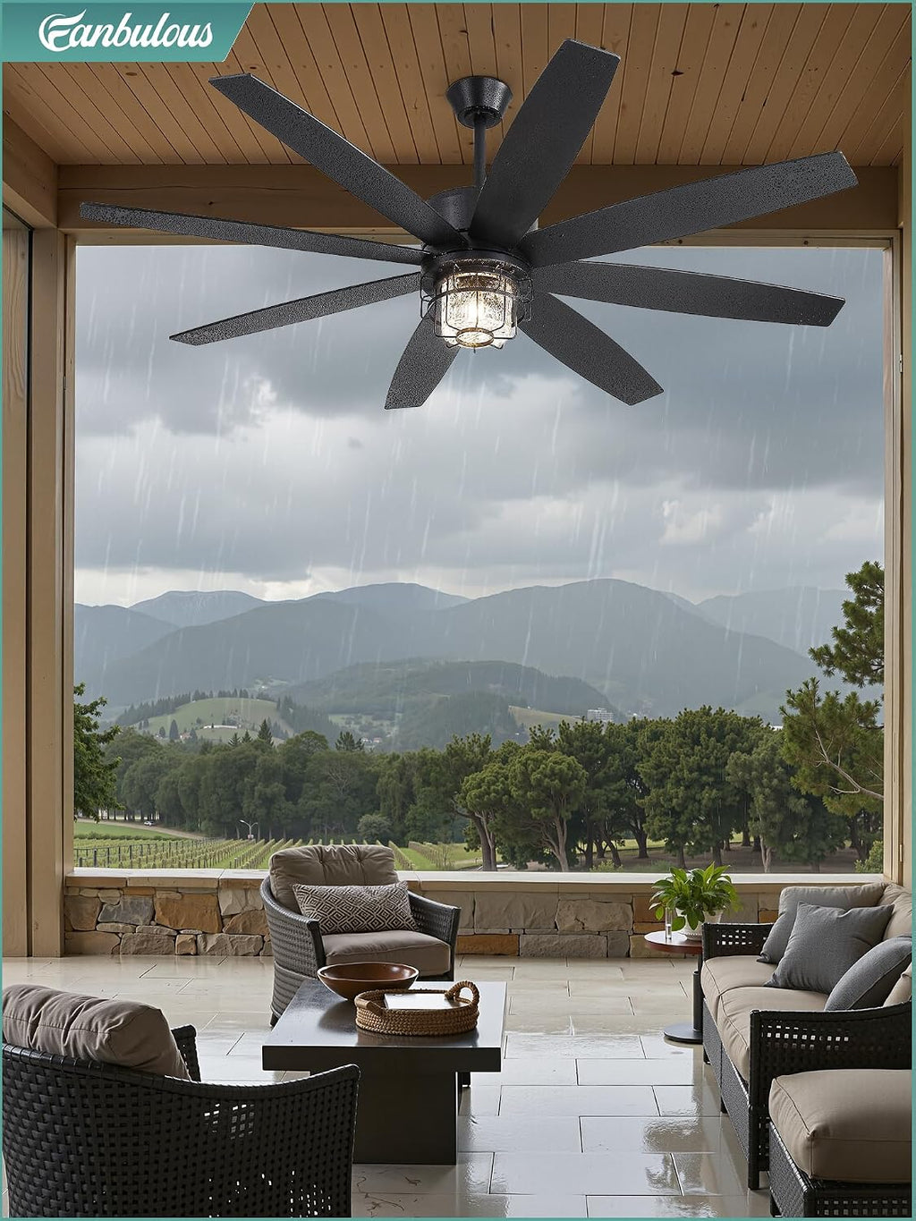 Fanbulous 65' Outdoor Ceiling Fans with Lights and Remote Control, IP65 Wet Rated Waterproof Ceiling Fan with 6-Speed DC Motor, Farmhouse Gazebo Fan for Porch Patios Pavilion（Black）