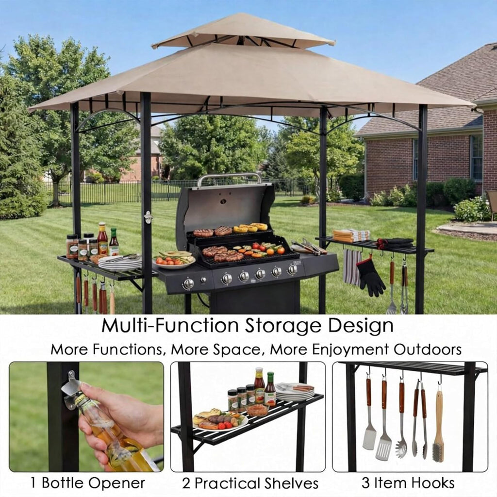 KOZYARD Andra 8' x 5' BBQ Grill Gazebo Canopy Tent, Soft Top Vented Roof, Steel Frame with Side Shelves & Utensil Hooks, 4 Magnetic Detachable LED Lights, Outdoor Grill Shelter