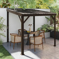 Domi 8'x8' Lean to Gazebo Hardtop, Expandable Wall Mounted Pergola with Gutters & Galvanized Steel Roof, 60MPH Wind Resistance, Outdoor Metal Heavy Duty Metal Awning for Patio, Deck, Backyard - Brown