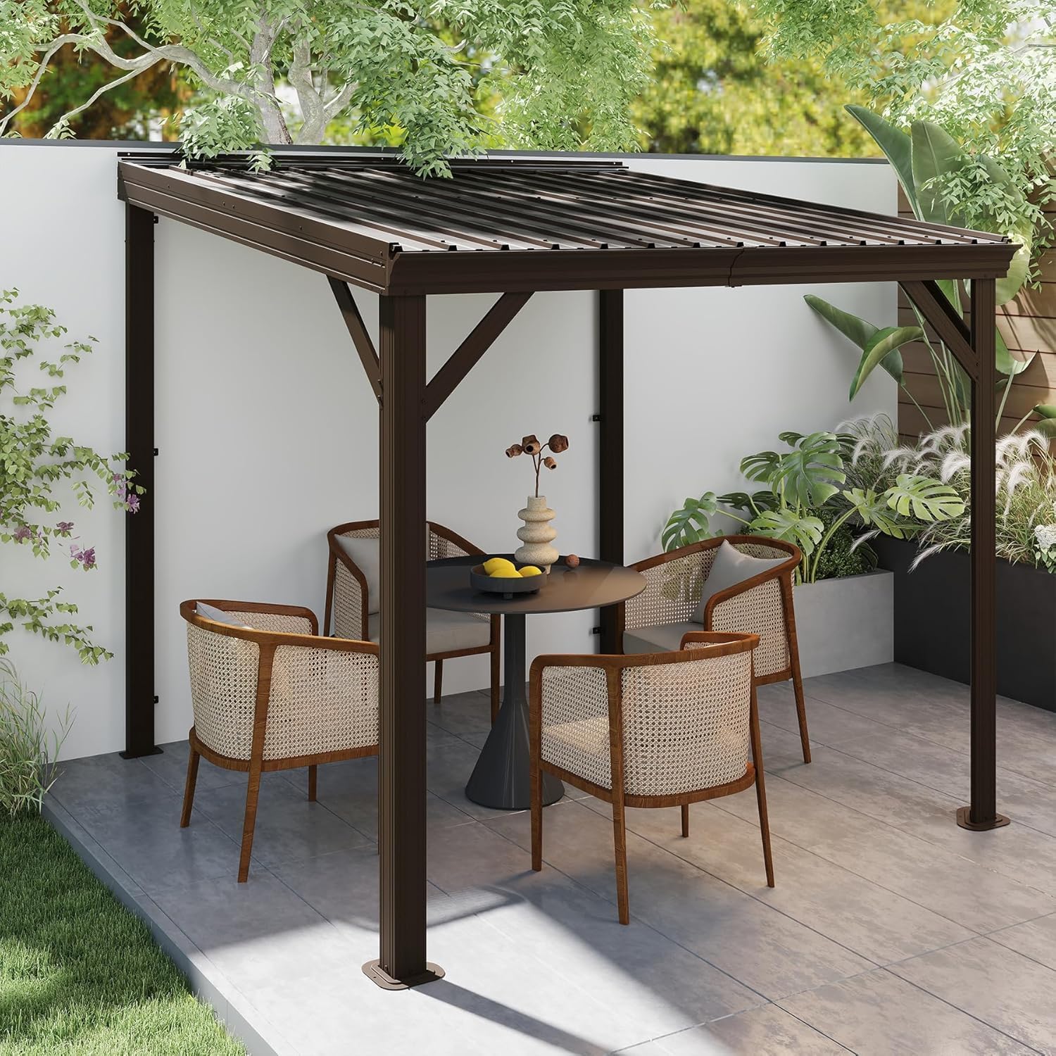Domi 8'x8' Lean to Gazebo Hardtop, Expandable Wall Mounted Pergola with Gutters & Galvanized Steel Roof, 60MPH Wind Resistance, Outdoor Metal Heavy Duty Metal Awning for Patio, Deck, Backyard - Brown