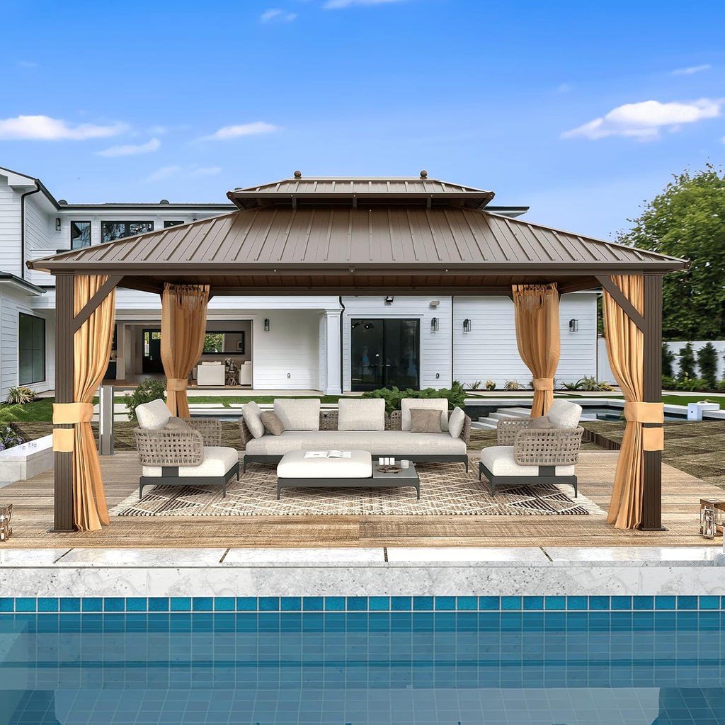 MELLCOM 12'x16' Hardtop Gazebo, Metal Double Roof Aluminum Gazebos with Curtain and Netting,Brown Permanent Galvanized Steel Pavilion for Patio, Lawn & Deck