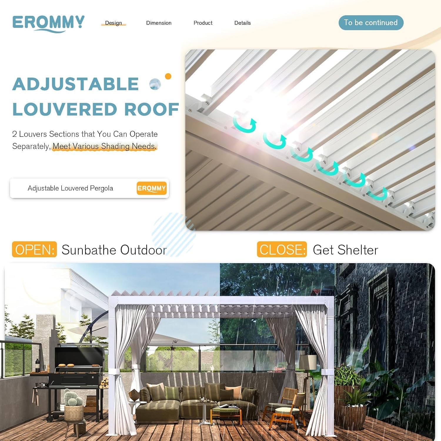 EROMMY Louvered Pergola 10x10, Outdoor Aluminum Pergola with Adjustable Rainproof Roof for Garden, Patio, Deck, Waterproof Curtains and Netting Included, White