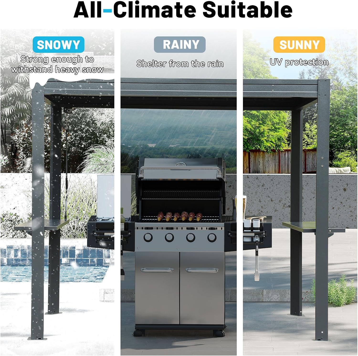 8x5 FT Grill Louvered Pergola for Outdoor Grill, Hardtop Grill Pergola with Built-in Gutter & Adjustable Rainproof Roof, Metal Shelter Gazebo for Patio Backyard Deck -Grey
