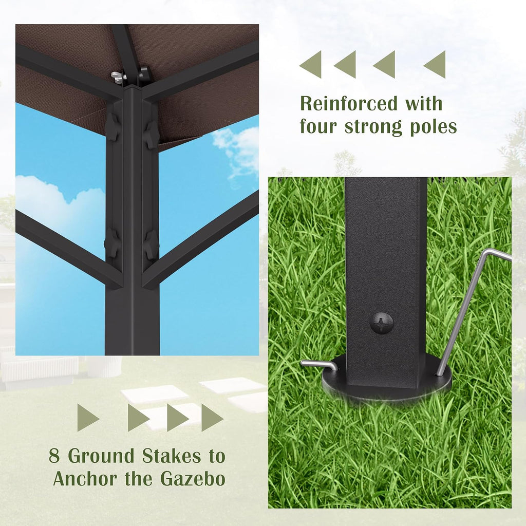 MAGIC UNION 8x8 FT Grill Gazebo with Side Awning, 2-Tier Barbecue Canopy Shelter with 2 Shelves, 7 Hanging Hooks, Bottle Opener, Outdoor Grilling Awnings Tent for Backyard Garden Poolside (Brown)