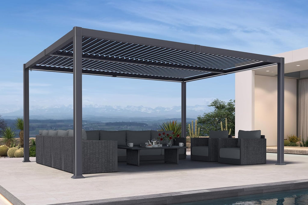 PURPLE LEAF LED Louvered Pergola 92KS 13' x 15' with Solar Strip Lights Adjustable Aluminum Roof Integrated Drainage Weatherproof System for Patio Garden Deck Backyard Gray