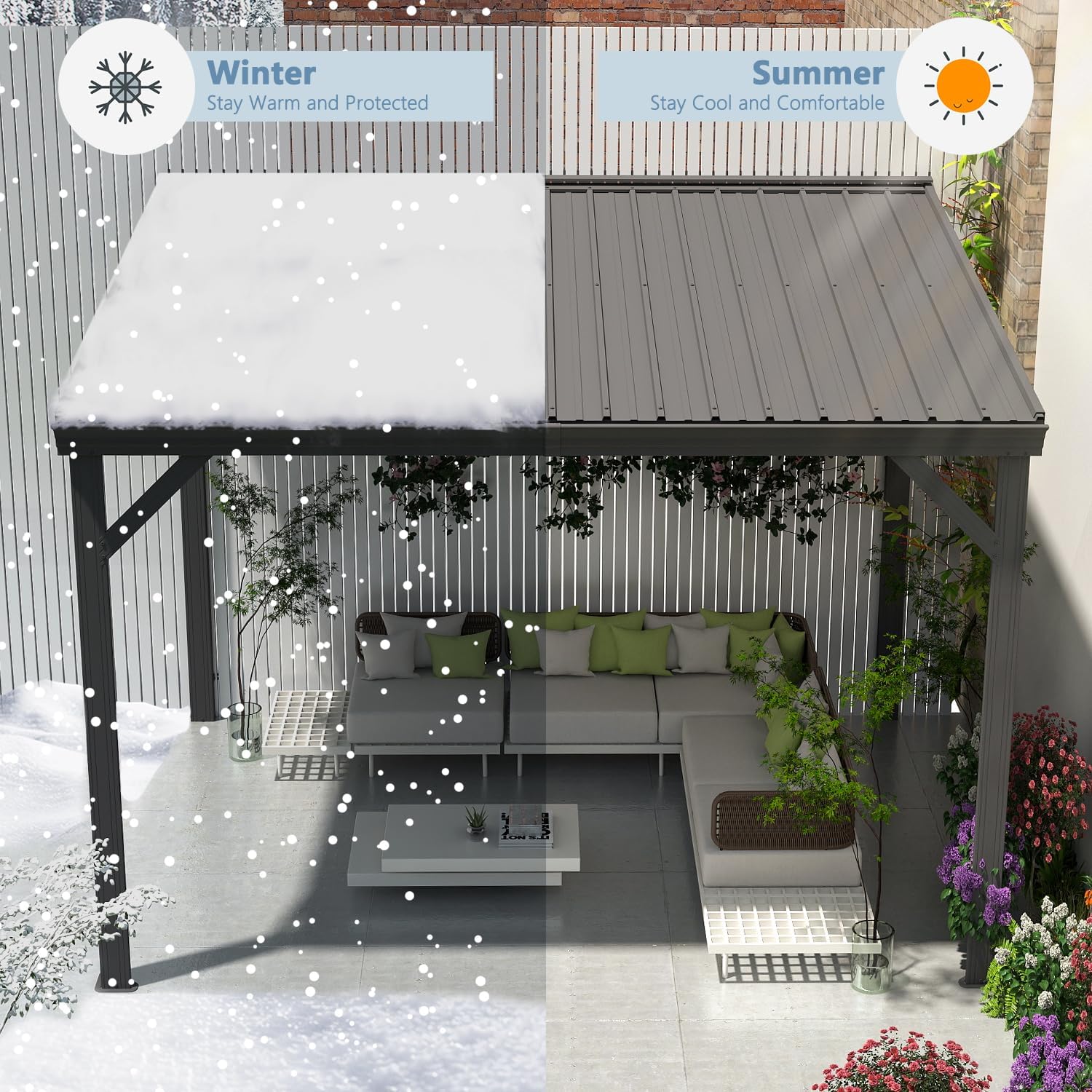 Domi 8'x10' Wall-Mounted Hardtop Gazebo Pergola – Permanent Lean-to Outdoor Shelter with Sloped Galvanized Steel Roof & Upgraded Drainage – Grey Metal Patio Cover for Backyard, Deck, Garden
