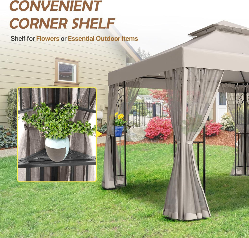 COOS BAY 10x10 Patio Gazebo with Corner Shelves, Two Tier Soft Top Canopy with Mesh Netting for Backyard, Garden, Lawn, Outdoor Events, Beige