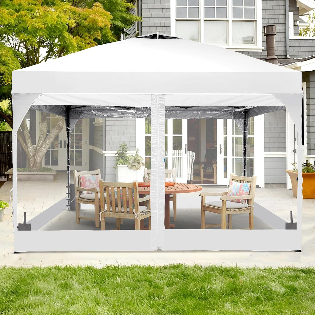 12x12 Pop Up Canopy Tent with One Push Setup, Outdoor Sun Shade Canopy for Backyard Party, Easy Up Instant Shelter with 4 PVC Transparent Sidewalls, 4-Sandbags & Wheel Bag, White.