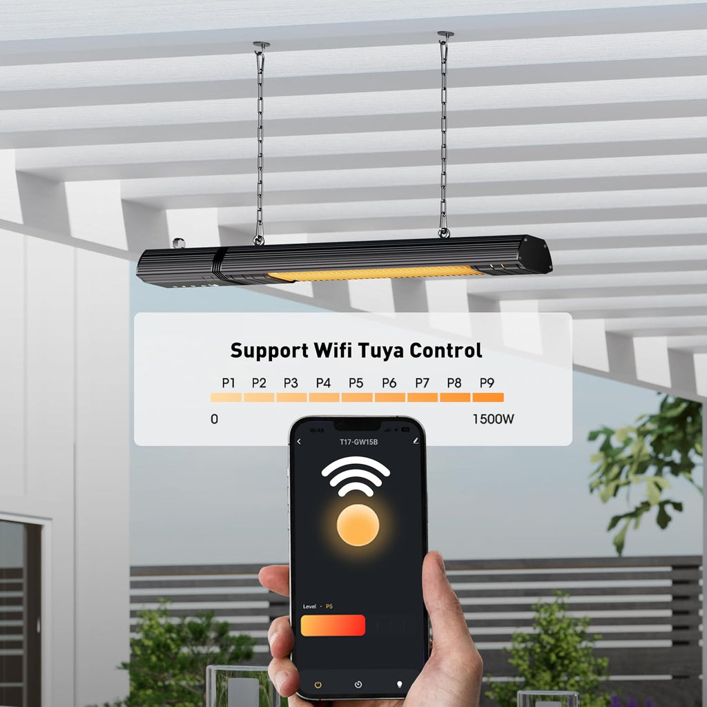 Ceiling Electric Outdoor Heater Wifi Control Wall-Mounted Hanging Patio 1500W Infrared 9 Heat Levels, 24H Timers, Carbon Fiber Tube Heating Wall Heater for Gazebo, Balcony