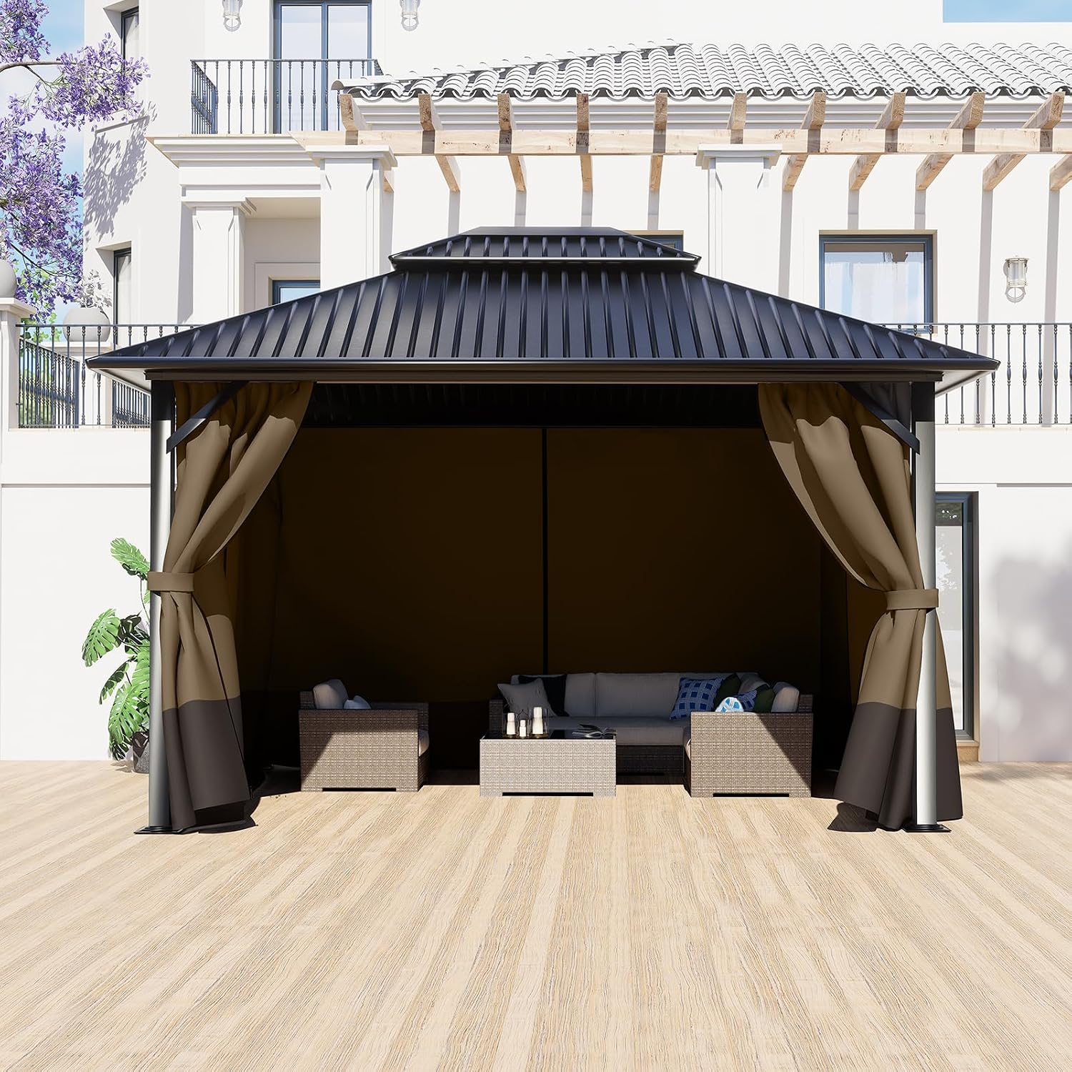 BPS 12' x 14' Gazebo Privacy Curtains with Double Zipper, 4-Panels Side Wall Universal Gazebo Side Panels Replacement for Patio, Outdoor Canopy, Garden and Backyard (Curtain Only)
