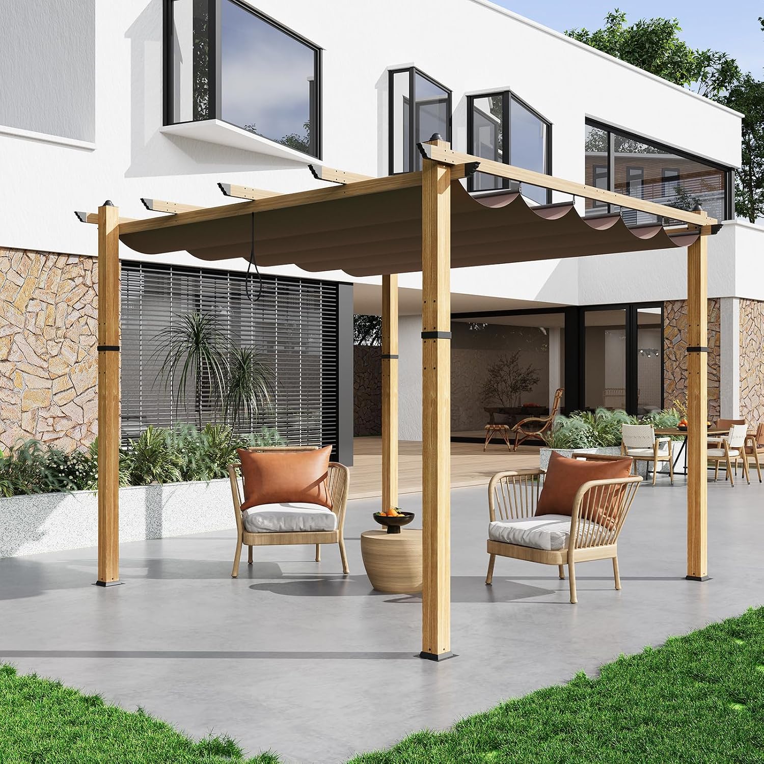 10' X 10' Retractable Pergola Canopy with Natural Wood Like Frame for Backyards, Gardens, Patios, Outdoor Pergola with Sun Shade Canopy,Khaki