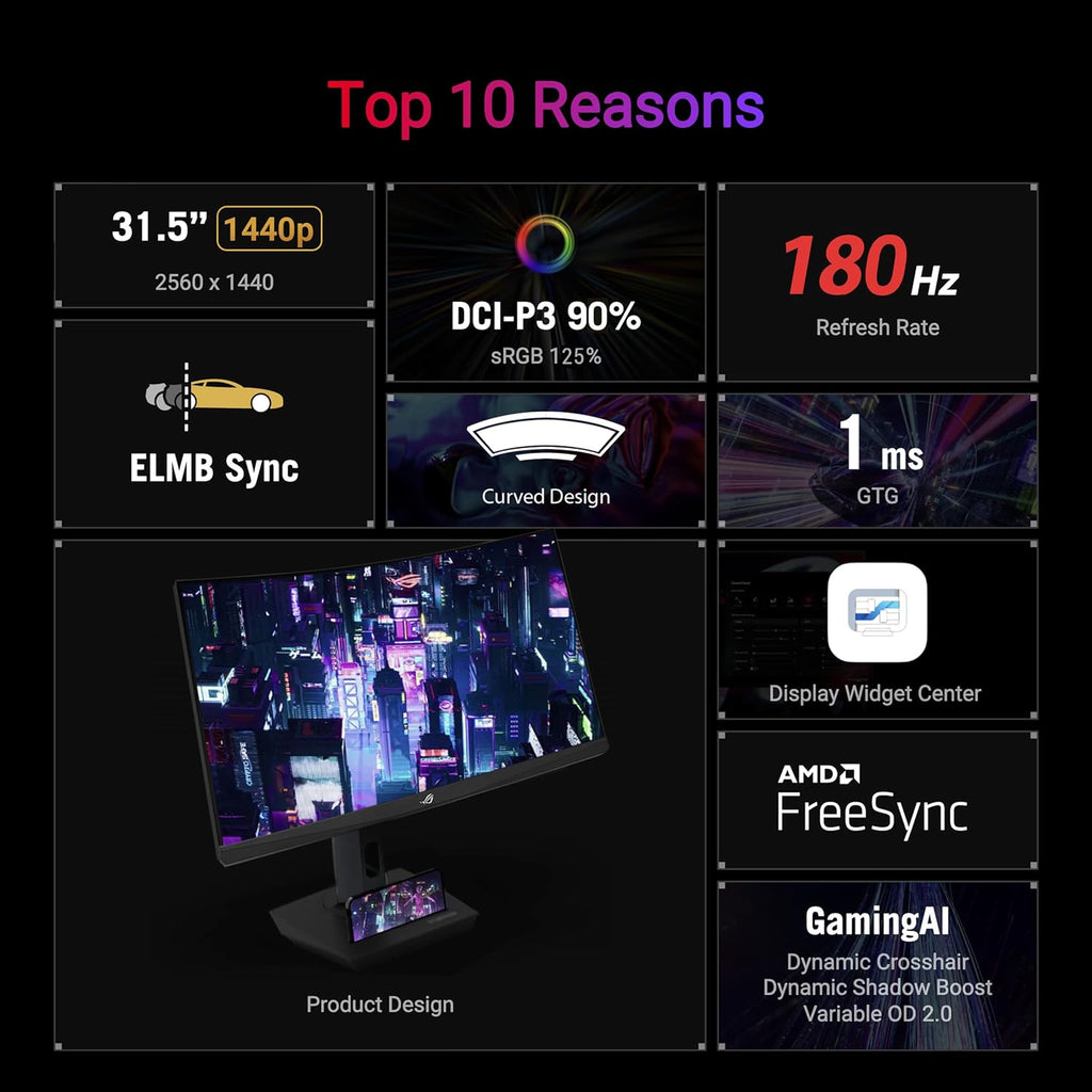 ASUS ROG Strix 32' 1440P USB-C Curved HDR Gaming Monitor (XG32WCS) - QHD, 180Hz, 1ms, Fast VA, Extreme Low Motion Blur Sync, FreeSync, DisplayWidget, Tripod Socket, AI Technology, 3 yr Warranty