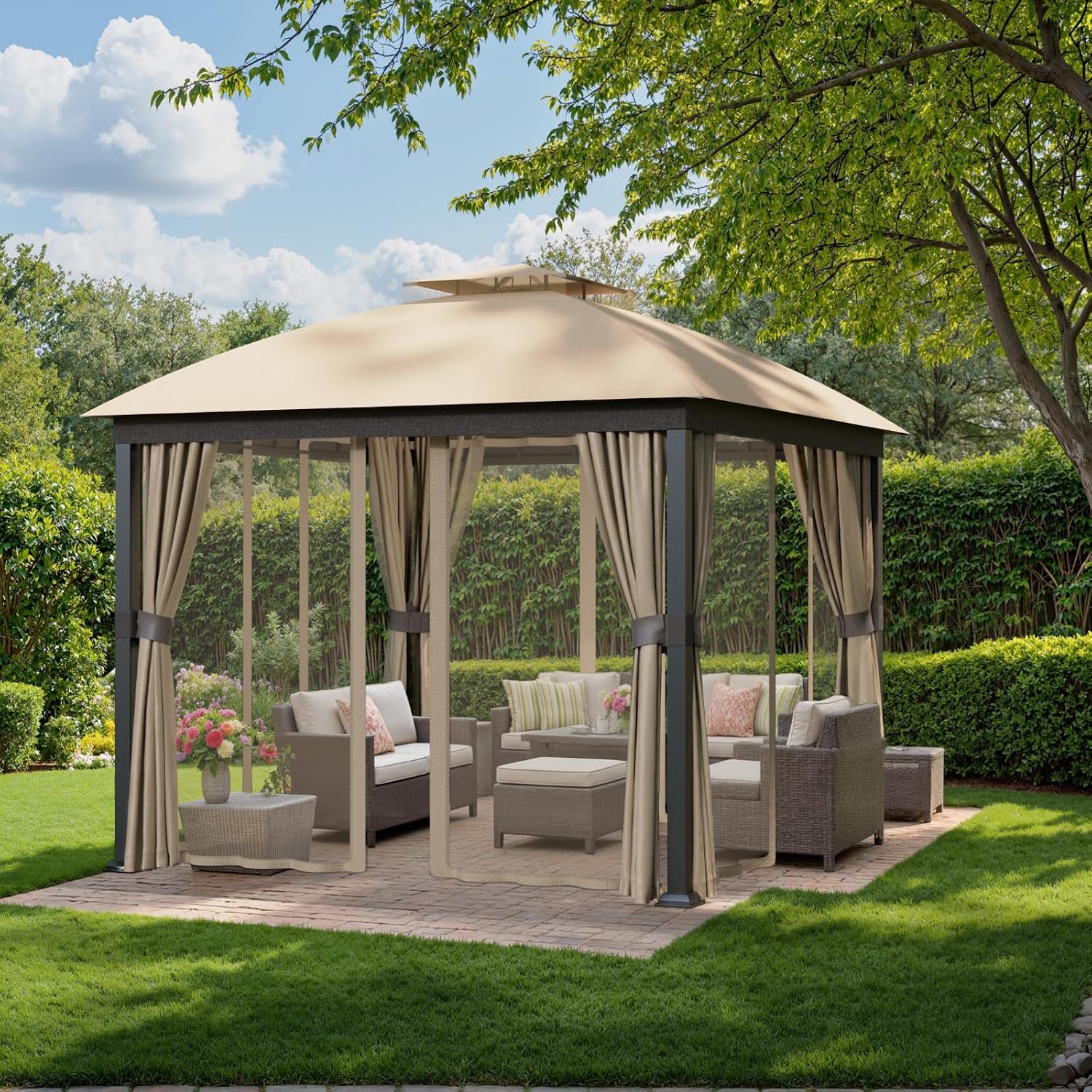 Patio Gazebo 10x10, Outdoor Gazebos, Heavy Duty Gazebo Soft Top Gazebos, Double Roofs Anti-UV Shelter Gaze bo for Patio Deck Backyard Garden Lawns