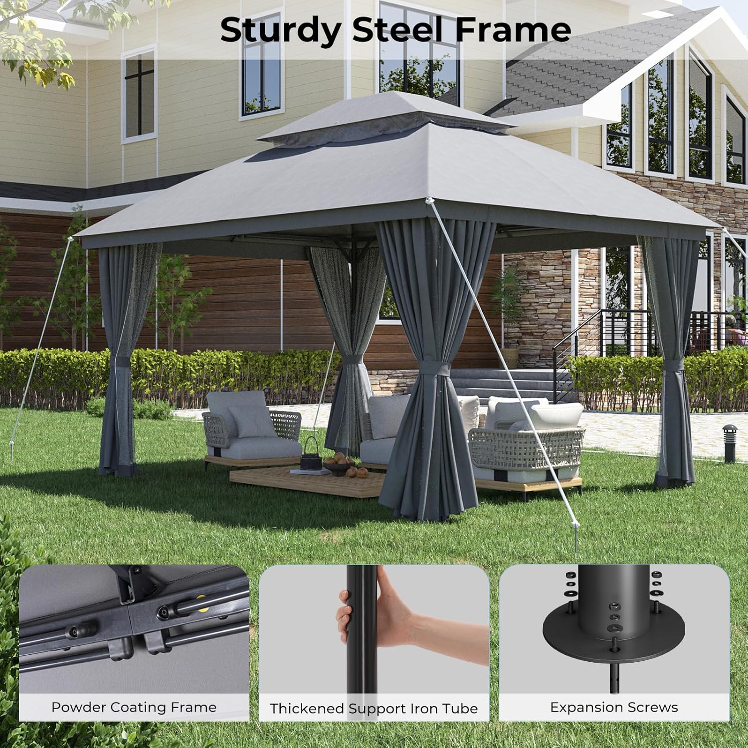 LuxaDomus Outdoor Gazebo 10'×13' for Patio, Metal Frame Canopy with Double Roofs, Heavy Duty Party Tent with Mosquito Netting and Curtains for Backyard, Garden, Lawn and Deck, Grey