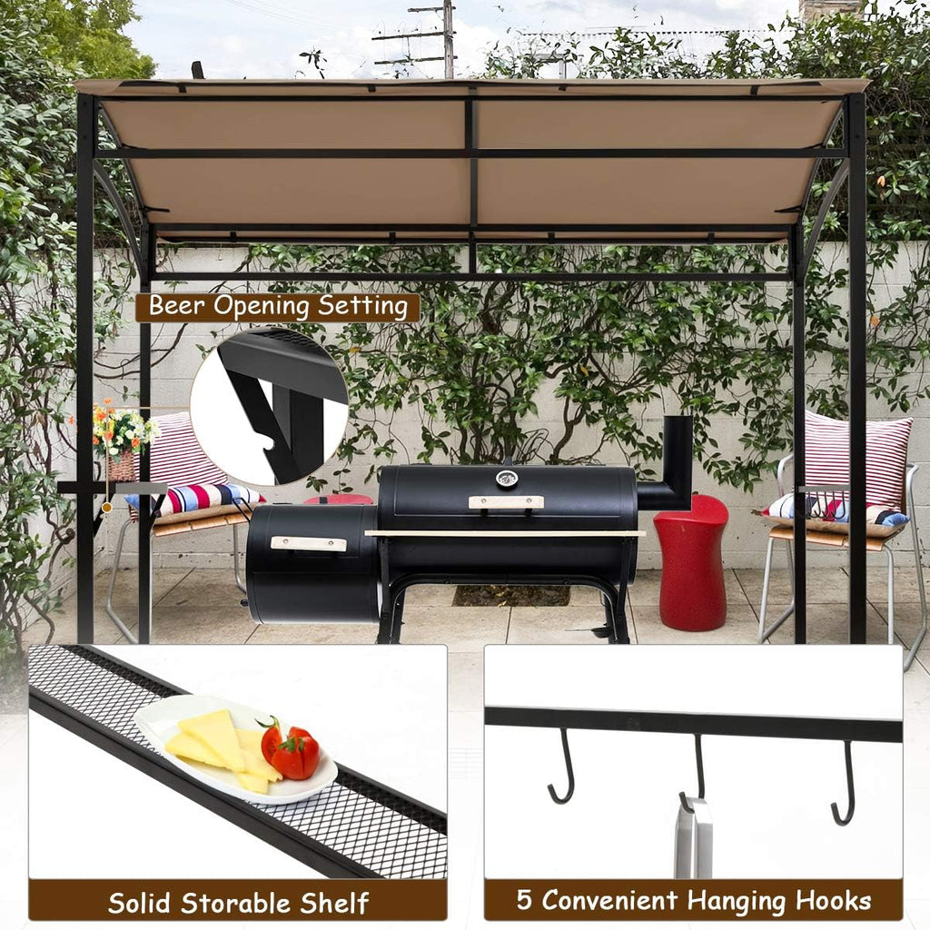 LDAILY Grill Gazebo, 7x4.4ft BBQ Canopy Shelter with Storage Shelf and Hooks, Heavy-Duty Steel Frame, Grill Pergola with Bottle Opener Notch, Small Gazebo for Backyard, Patio, Garden (Brown)