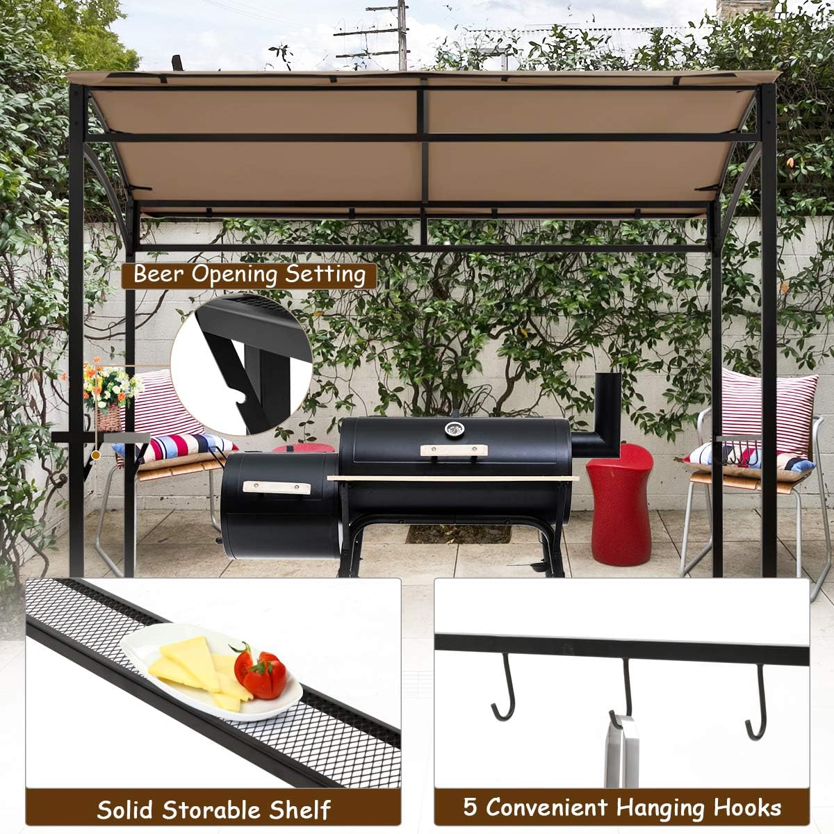 LDAILY Grill Gazebo, 7x4.4ft BBQ Canopy Shelter with Storage Shelf and Hooks, Heavy-Duty Steel Frame, Grill Pergola with Bottle Opener Notch, Small Gazebo for Backyard, Patio, Garden (Brown)