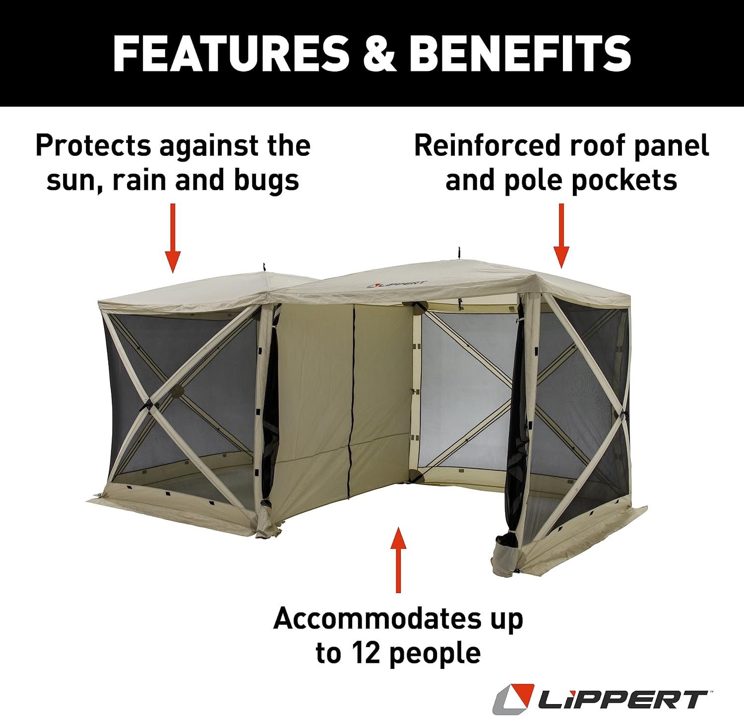 Lippert Picnic Popup Double Gazebo Tent for Camping, Patios and Easy Outdoor Shelter, 16' x 8' Breathable Mesh Screen Walls, 8-12 People, 128 Sq. Ft. Integrated Lantern Holders - 2022114836