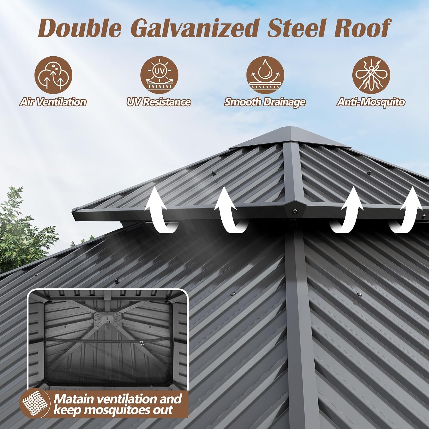 10'x10' Wood Gazebo, Outdoor Hardtop Gazebo with Wood Posts and Galvanized Steel Doule Roof, Wooden Frame Gazebos with Netting and Curtains for Patio Backyard Garden Deck