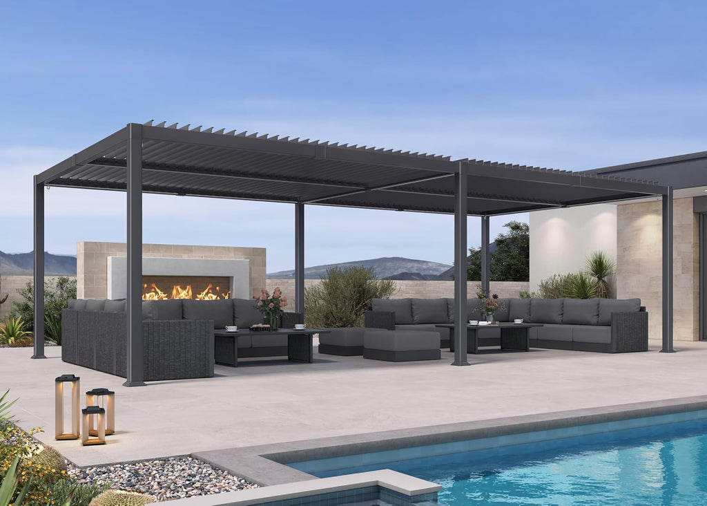 PURPLE LEAF Huge Louvered Pergola 92KS 13' x 25' with Integrated Solar LED Strip Light and Control Panel Adjustable Aluminum Roof Large Pergolas for Outdoor Patio Deck Gray
