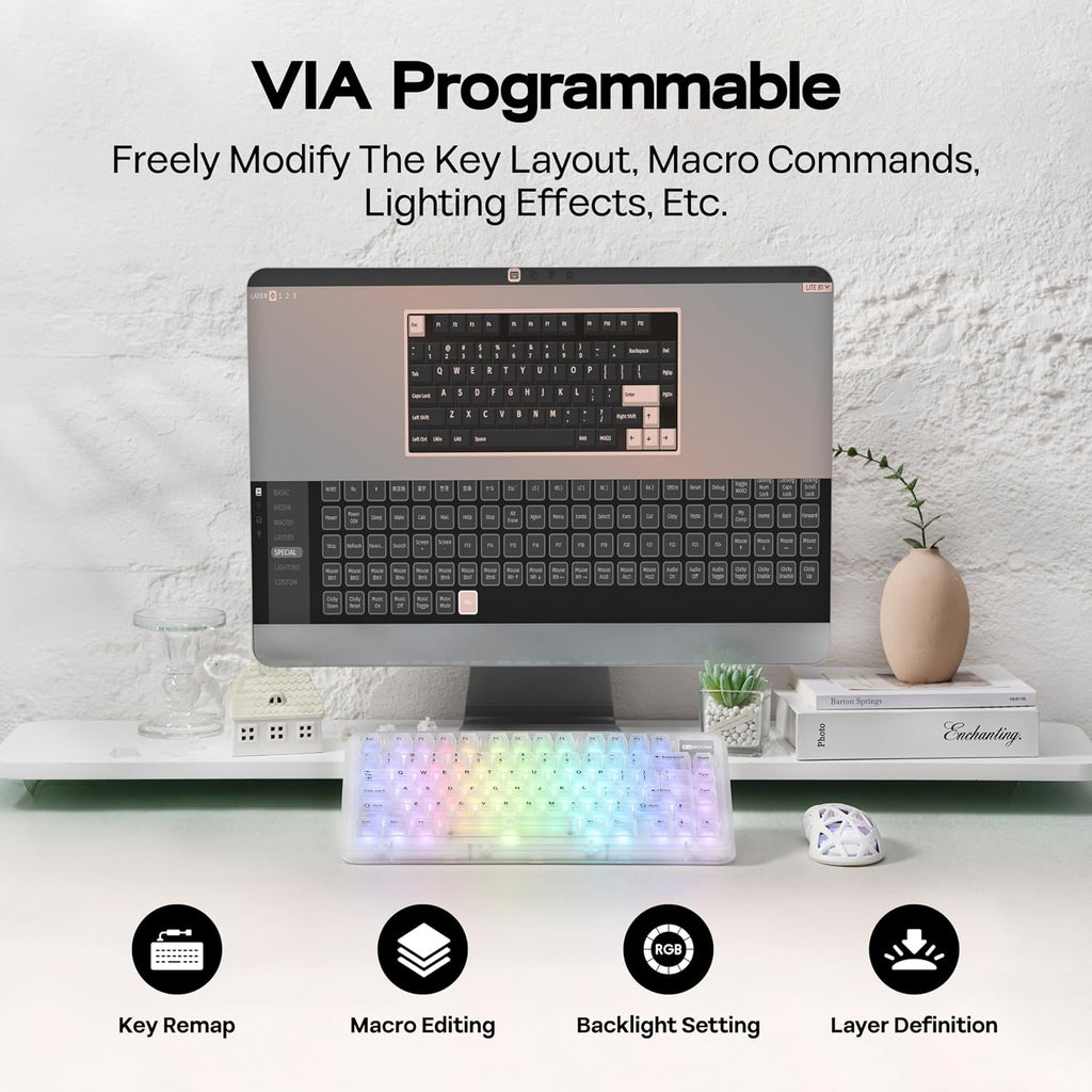 KiiBoom Phantom81 Lite 75% Gasket Mechanical Keyboard, QMK&VIA Programmable, 3 Modes Wireless Gaming Keyboard, RGB Backlights, ABS Case, Hot-Swappable for Windows/Mac/Linux (Clear)