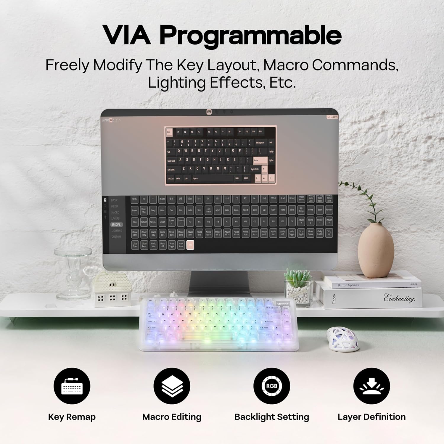 KiiBoom Phantom81 Lite 75% Gasket Mechanical Keyboard, QMK&VIA Programmable, 3 Modes Wireless Gaming Keyboard, RGB Backlights, ABS Case, Hot-Swappable for Windows/Mac/Linux (Clear)