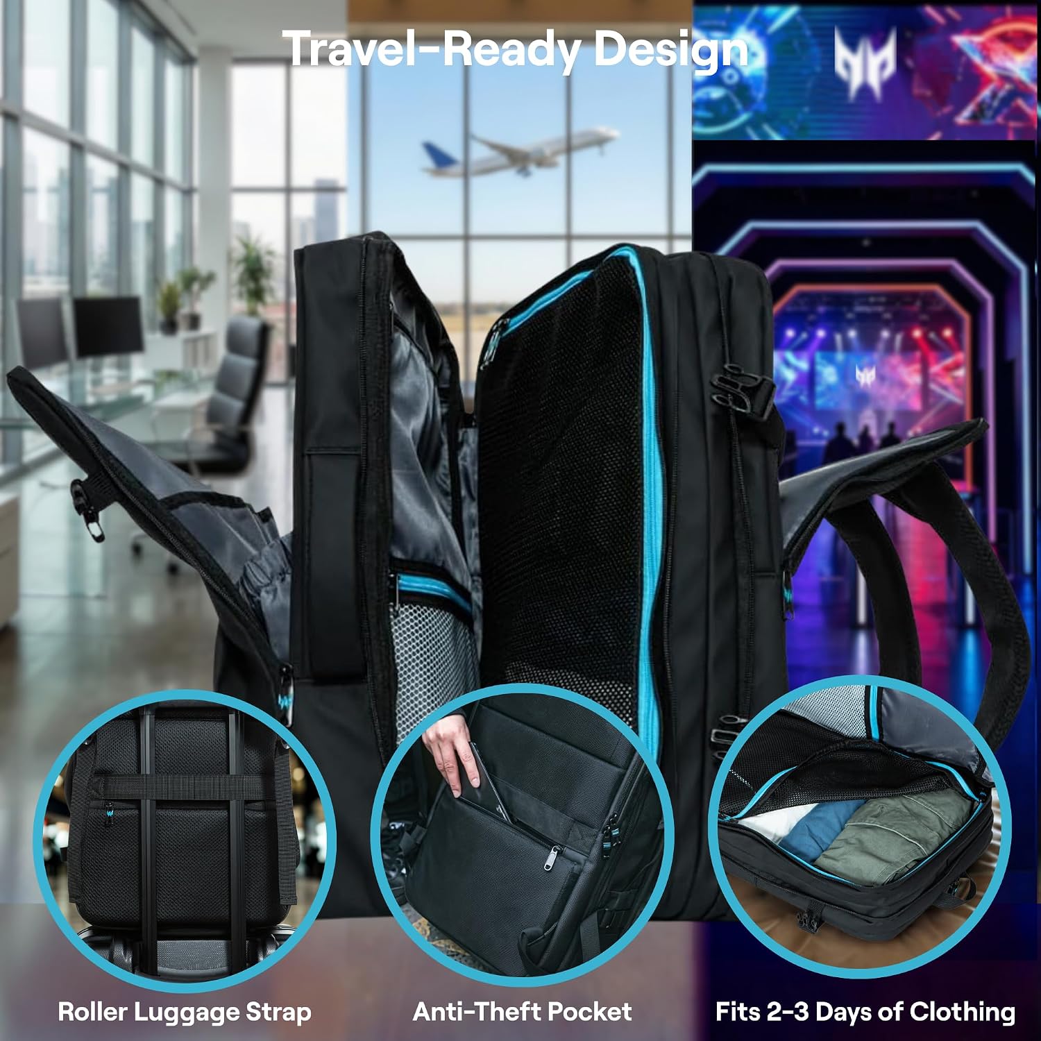 acer Predator Robust Gaming Laptop Backpack - Fits 18' Laptops with Expandable 30L Capacity - Water-Repellent TSA-Friendly 3-Compartment Design with Anti-Theft Pocket Ideal for Tournaments and Travel