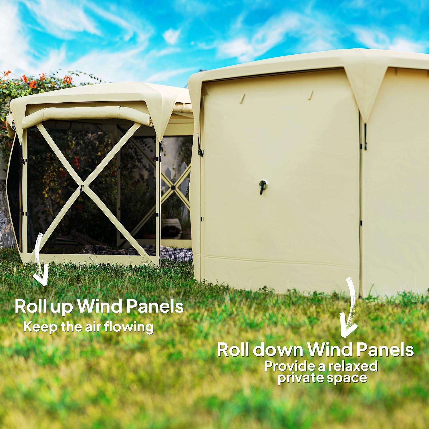 Outsunny Pop Up Gazebo Screen Tent House, 11 x 11ft with UPF30+ Removable Roof Cover, 4 Roll-up Wind Panels and Carry Bag for Camping, Patio, Backyard, Lawn, Beige
