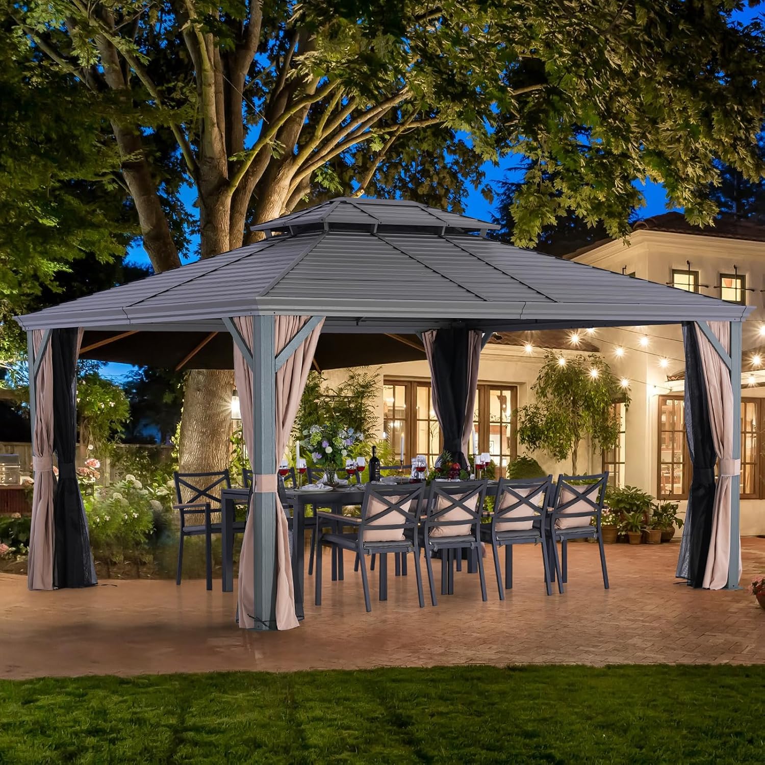LeDoasis Nova 12' X 14' Permanent Hardtop Gazebo with Galvanized Steel Double Roof, Heavy Duty Metal Canopy with Curtains and Netting, for Patio Lawn and Garden