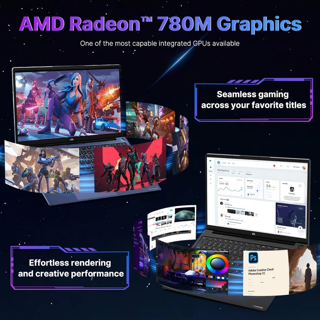 NIMO 17.3 Gaming-Laptop Ryzen 9 8945HS (Beat i9-13900H, Up to 5.2GHz) 16GB RAM, 512GB SSD, Radeon 780M, PD 100W Type-C AI-Enhanced for Copilot VR Ready, Backlit Keyboard, Fingerprint