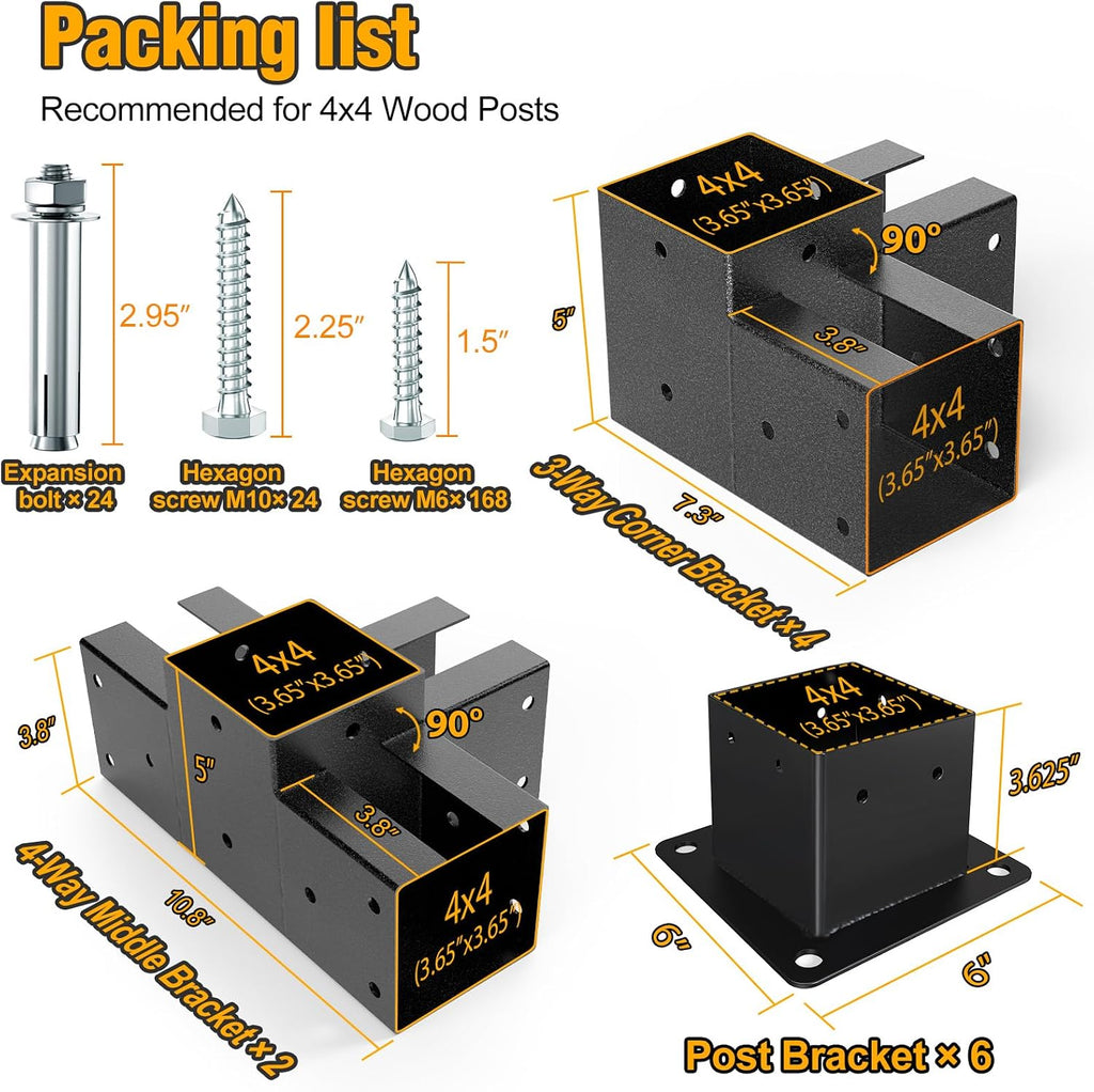 Eapele Pergola Kits with 3-Way/4-Way Corner Brackets and DIY Post Base for 4'x 4' Lumber(Inner 3.65x3.65), Powder Coated Steel Made for Gazebos, Patio Pergolas, Log Cabin Outdoor Pergola Hardware