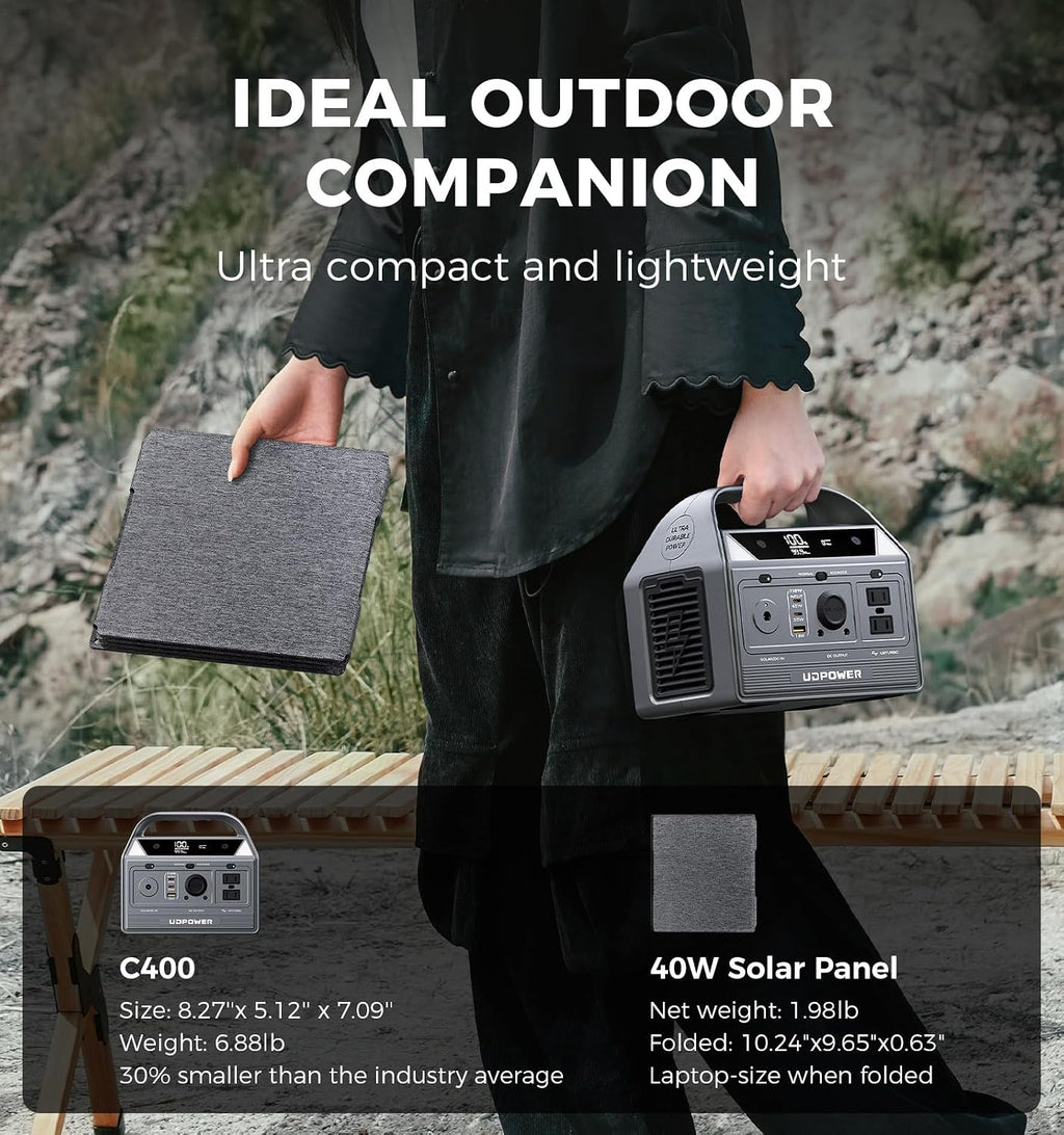 UDPOWER C400 400W Portable Power Station(New Version2.0) with 40W Portable Solar Panel l 256Wh LiFePO4 Battery, 800W Surge| AC Outlet,USB-C,12V DC | for Camping, RV, Emergency Backup