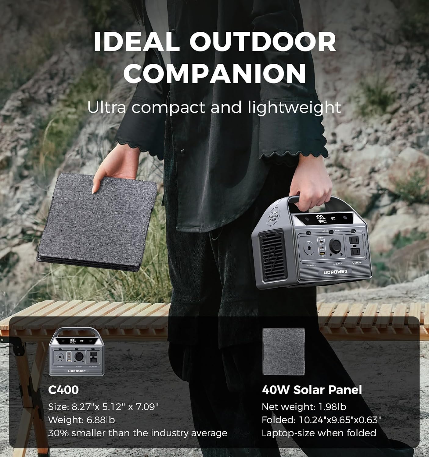 UDPOWER C400 400W Portable Power Station(New Version2.0) with 40W Portable Solar Panel l 256Wh LiFePO4 Battery, 800W Surge| AC Outlet,USB-C,12V DC | for Camping, RV, Emergency Backup
