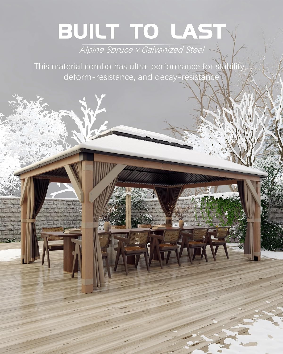 GarveeLife Hardtop Wood Gazebo 10 ft x12 ft for All Weather, with Double Metal Roof, Heavy Duty Wooden Frame, Net, and Curtain, Permanent Building for Patio, Deck, Backyard, Lawn, and Garden, Khaki